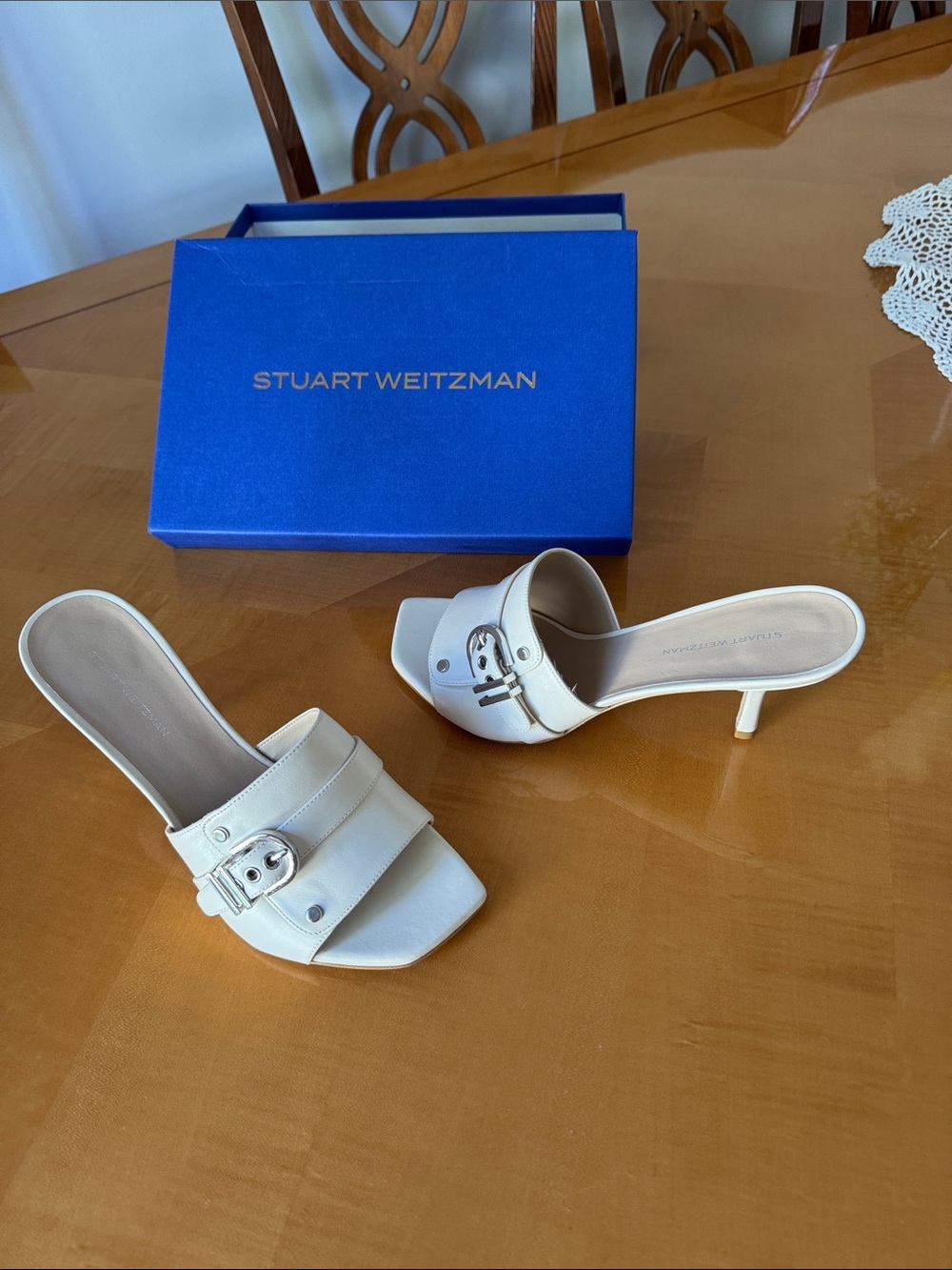 Stuart Weitzman Cream Buckle Slide Mules size 8